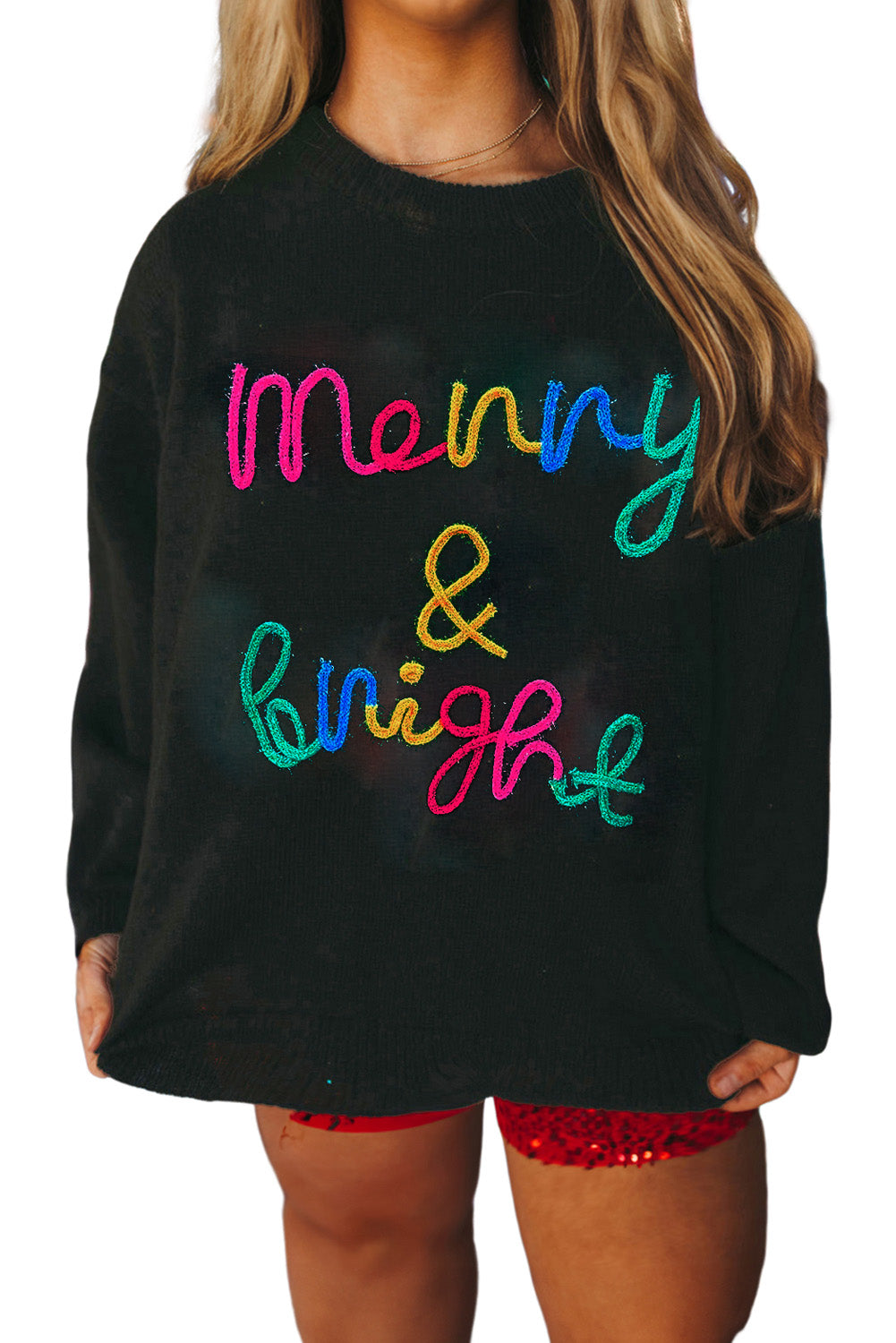 Black Tinsel Merry & Bright Round Neck Plus Size Sweater