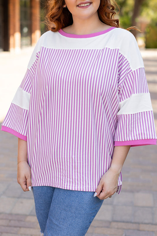 Khaki Stripe Patchwork Bracelet Sleeve Plus Size T Shirt