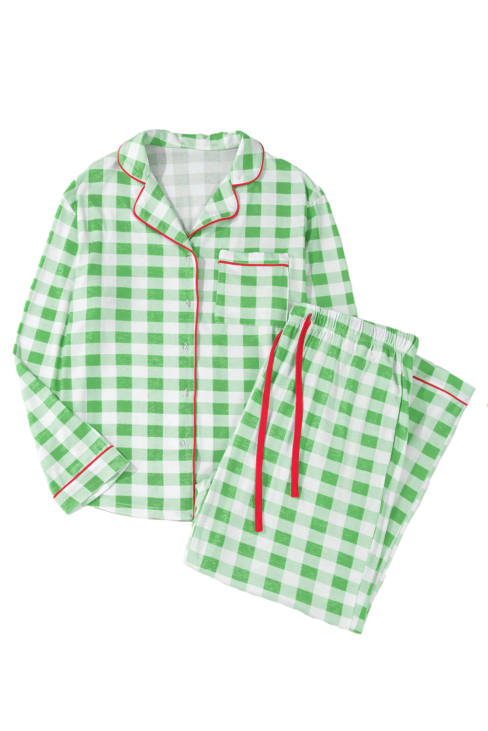 Green Plaid Print Piping Trim Long Sleeve Plus Size Pajama Set