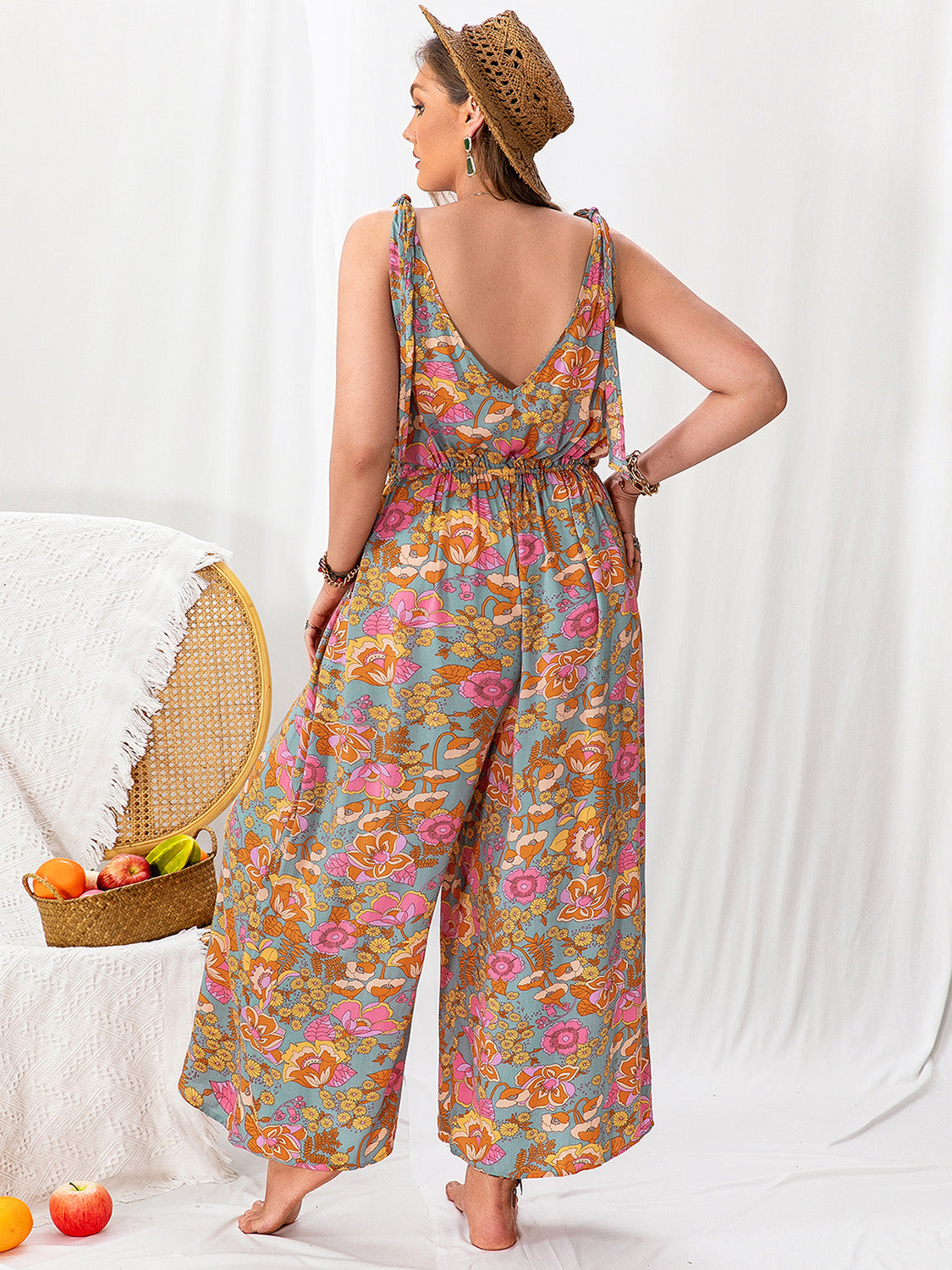 Plus Size Printed Wide Leg Sleeveless Jumpsuit