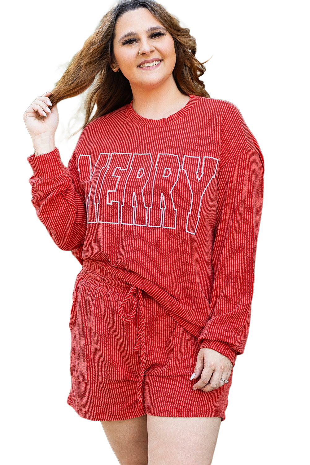 Racing Red MERRY Ribbed Long Sleeve Top and Shorts Plus Size Set